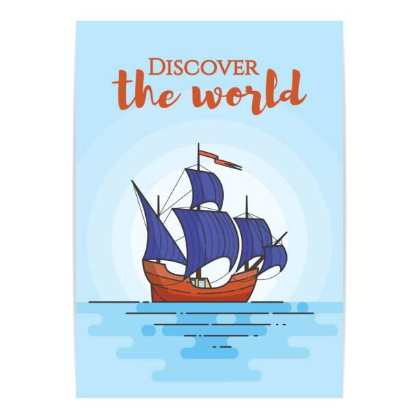 istock Color ship with blue sails in the sea. Sailboat on waves for tri 821601594