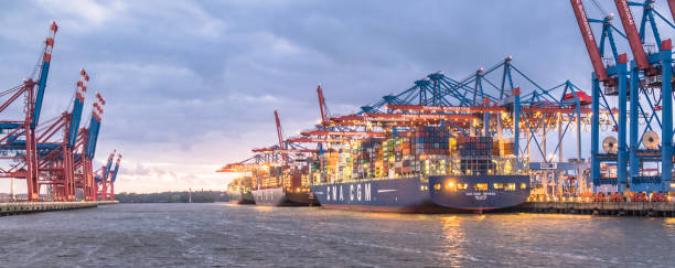 containerbrücken terminal burchardkai entladen schiffe im tiefwasserhafen hamburg-waltershof in der nacht - harbor editorial industrial ship container ship stock-fotos und bilder