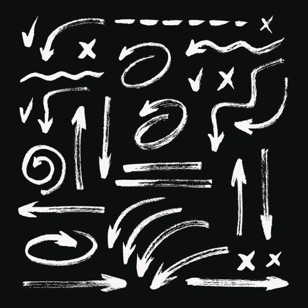 набор различных нарисованных вручную гранж мазок кистью, стрелки. изолированные на черном фоне - chalk stock illustrations