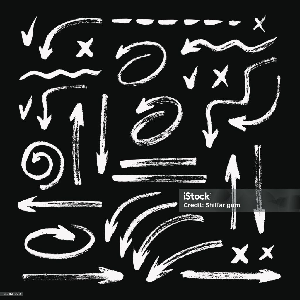 Set of different hand drawn grunge brush strokes, arrows. Isolated on black background Arrow Symbol stock vector