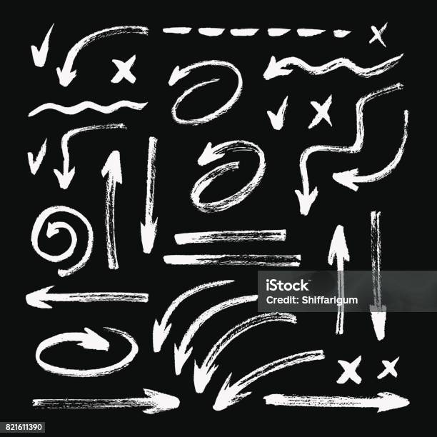 Set Of Different Hand Drawn Grunge Brush Strokes Arrows Isolated On Black Background Stock Illustration - Download Image Now