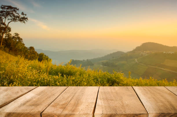 istock Wood desk table is empty for present a product on forest nature background a vintage tone is a soft tone. 821612398