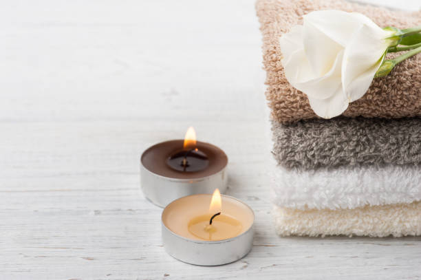 istock Set of bathroom accessory on wooden background 821618508