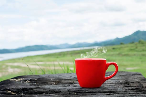 istock Hot drink in a cup on grunge wood and nature blurred background 821618652