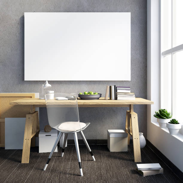 istock Modern light interior in the style loft, a place for study, consisting of shelves with knick-knacks and Souvenirs, a couple of stools, lamps, working Desk. 3D illustration. poster mock up 821618776