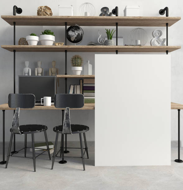istock Modern light interior in the style loft, a place for study, consisting of shelves with knick-knacks and Souvenirs, a couple of stools, lamps, working Desk. 3D illustration. poster mock up 821618788