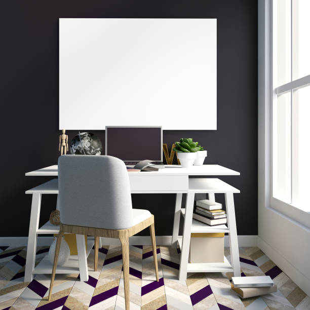 istock Modern light interior in the style loft, a place for study, consisting of shelves with knick-knacks and Souvenirs, a couple of stools, lamps, working Desk. 3D illustration. poster mock up 821618798