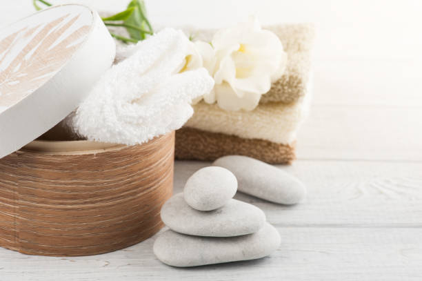 istock Set of bathroom accessory on wooden background 821621446