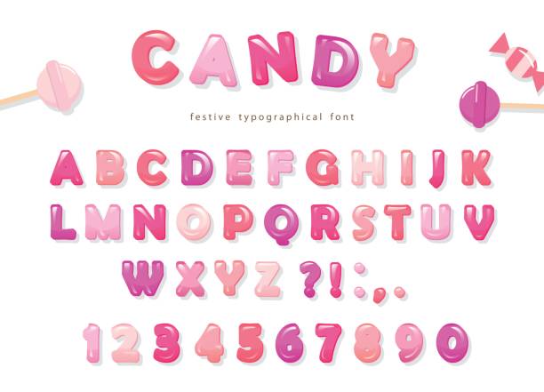 キャンディーの光沢のあるフォント デザイン。カラフルなピンク abc の文字と数字。女の子のためのお菓子。 - valentine candy点のイラスト素材／クリップアート素材／マンガ素材／アイコン素材