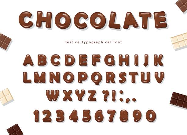 illustrations, cliparts, dessins animés et icônes de conception de polices au chocolat. doux brillant abc lettres et chiffres. - chocolat