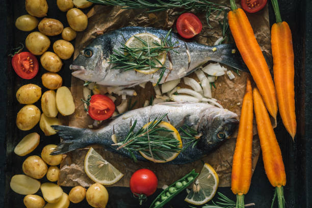 istock Grilled dorado fish with aromatic herbs and vegetables 821639952