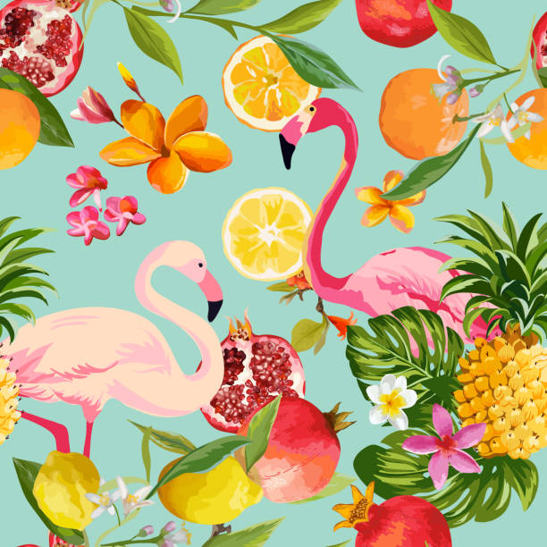 Seamless Tropical Fruits and Flamingo Pattern in Vector. Pomegranate, Lemon, Orange Flowers, Leaves and Fruits Background. vector art illustration