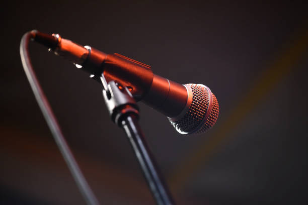 istock Microphone on the stage in red light on a music concert, dark background, 821643282