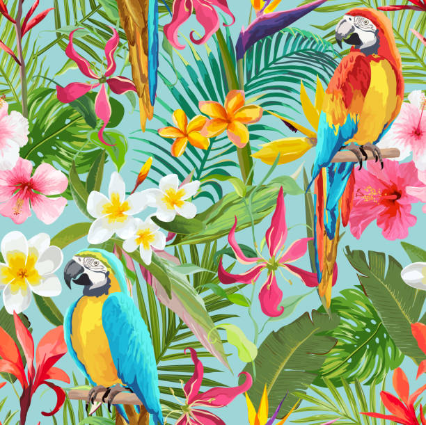 Tropical Flowers and Parrots Seamless Vector Floral Summer Pattern. For Wallpapers, Backgrounds, Textures, Textile vector art illustration