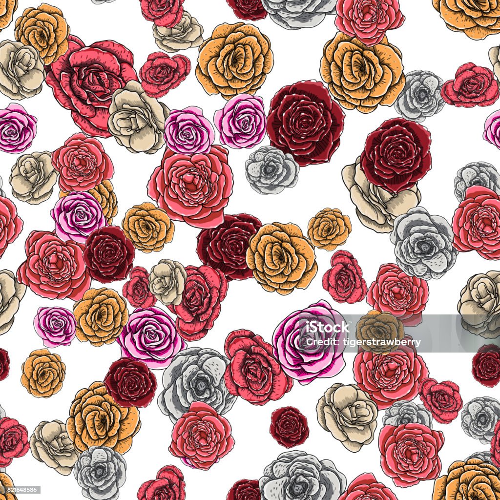 Repetition Roses Roses Bloom Heads Seamless Pattern Endless Handdrawn Repetition Vector ...