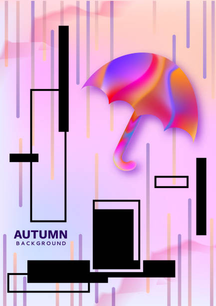 illustrations, cliparts, dessins animés et icônes de automne affiche couleur abstrait des années 90 trendy style avec parapluie, texture fluide et liguid, formes géométriques, fond clair fashion, modèle pour la bannière, couverture, invitation, illustration vectorielle - liguid