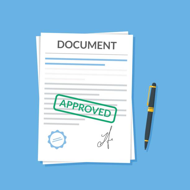 Approved document with stamp and pen. Modern flat design graphic elements. Approved application concepts. Vector illustration in flat style isolated on color background. Top view. Approved document with stamp and pen. Modern flat design graphic elements. Approved application concepts. Vector illustration in flat style isolated on color background. Top view representing stock illustrations