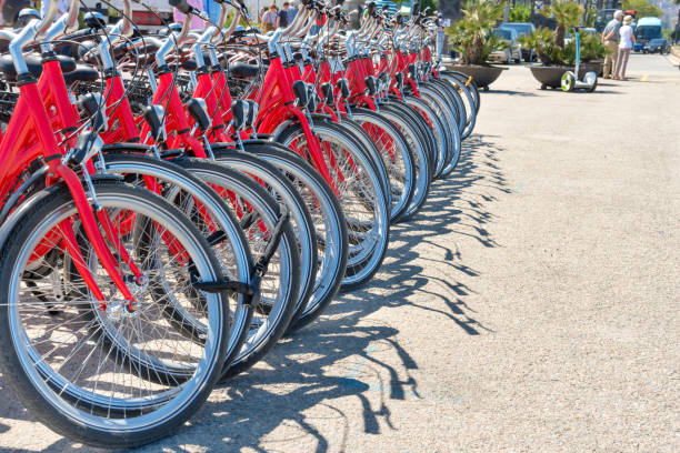 istock Group of red city bicycles 821658700