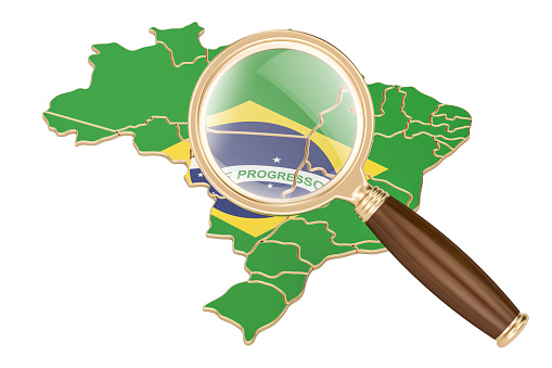 Brazil under magnifying glass, analysis concept, 3D rendering isolated on white background