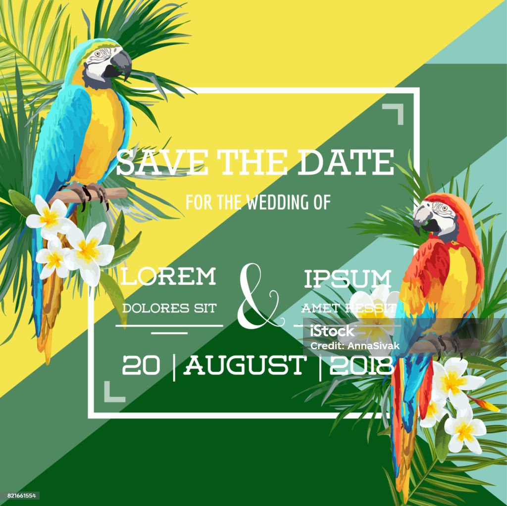Tropical Flowers and Parrot Summer Wedding Card, Save the Date, Exotic Floral Invitation in Vector Brazil stock vector