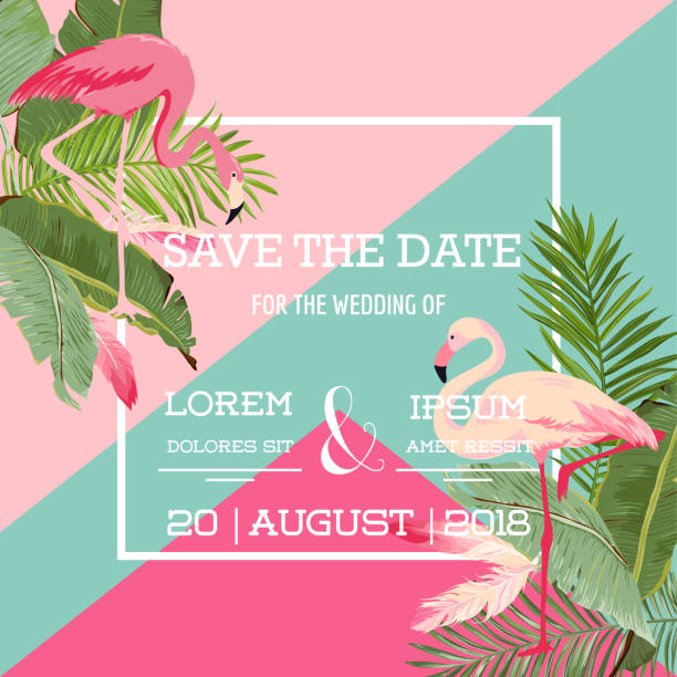 illustrazioni stock, clip art, cartoni animati e icone di tendenza di fiori tropicali e biglietto da sposa estivo flamingo, invito floreale esotico in vettore - fenicotteri-volo