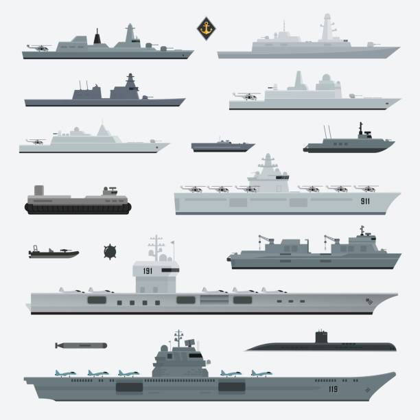 Military weapons of navy battleship. Vector illustration. Military weapons of navy battleship. Vector illustration. battleship stock illustrations