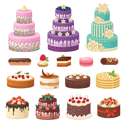 Vector illustration of different types of beautiful modern cakes, such as chocolate cake, Napoleon cake, tiramisu, Sacher, eclair and cheesecake. Isolated on white.