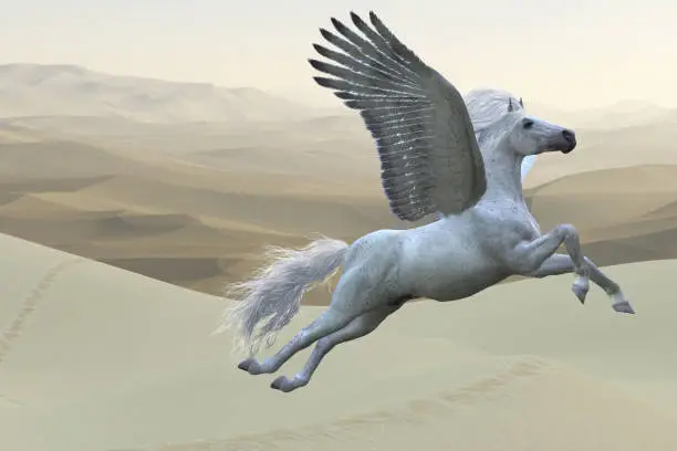 Pegasus is a mythical white divine stallion with long flowing mane and tail rises into the sky with powerful wings beats.