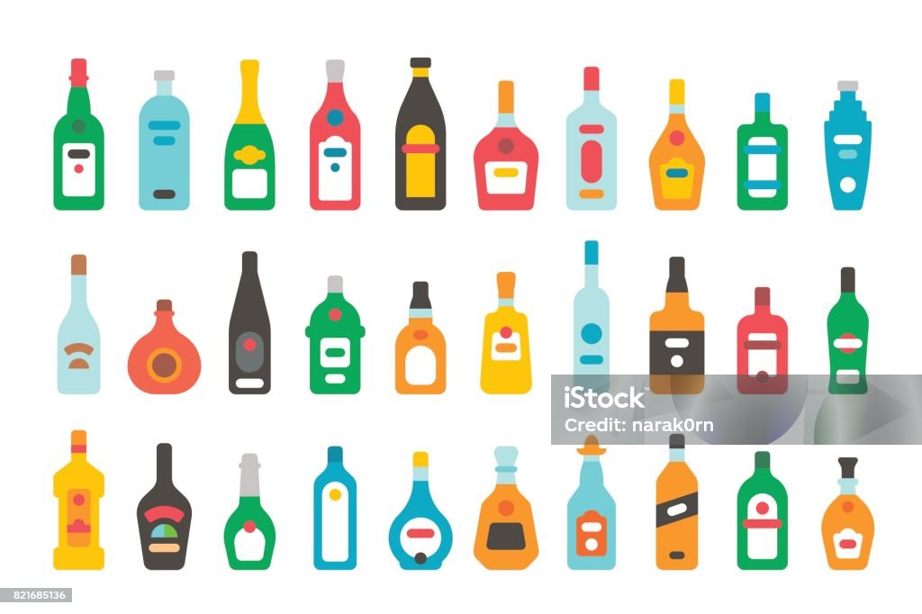 Flat design alcohol bottles set Flat design alcohol bottles set illustration vector Liquor Store stock vector
