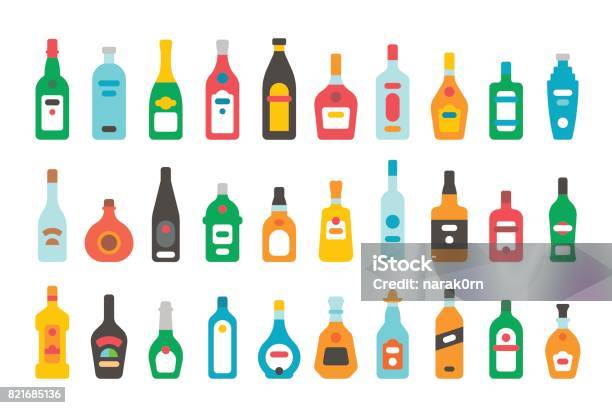 Flat Design Alcohol Bottles Set Stock Illustration - Download Image Now - Liquor Store, Icon Symbol, Bottle