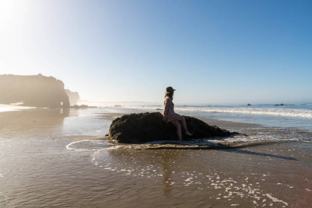 Woman sits on Rock at Ocean Beach A woman sits on rock at ocean beach. rock sea malibu silhouette stock pictures, royalty-free photos & images