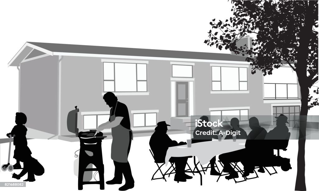 Front Yard Barbecue Silhouette illustration of people having a barbecue in the yard In Silhouette stock vector