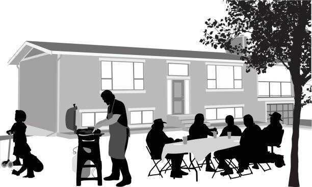 Front Yard Barbecue Silhouette illustration of people having a barbecue in the yard black family reunion stock illustrations