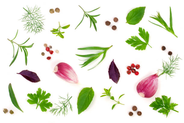 istock Fresh spices and herbs isolated on white background. Dill parsley basil thyme tartun peppercorns garlic. Top view 821691490