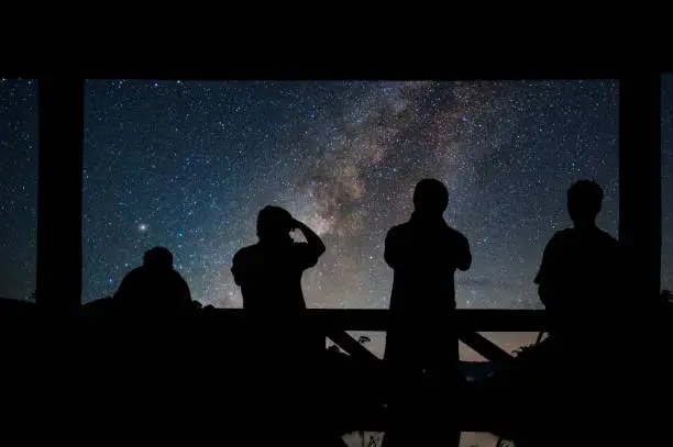 Photo of Silhouette of a photographers group who shoots the Landscape of Milky way over reservoir with mountain and deep forest at night sky