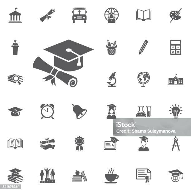 Graduation Cap And Diploma Web Icon Stock Illustration - Download Image Now - Achievement, Analyzing, Award