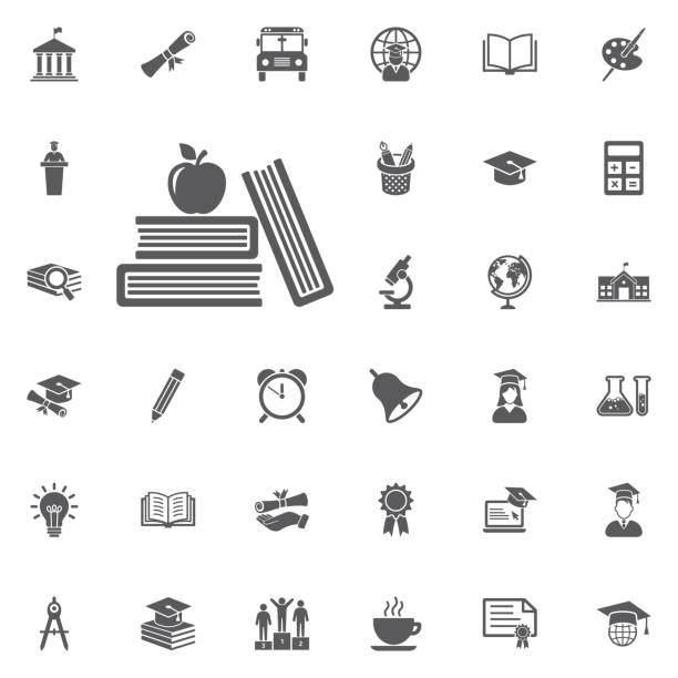 stockillustraties, clipart, cartoons en iconen met pictogram van apple en boek. - basisschool