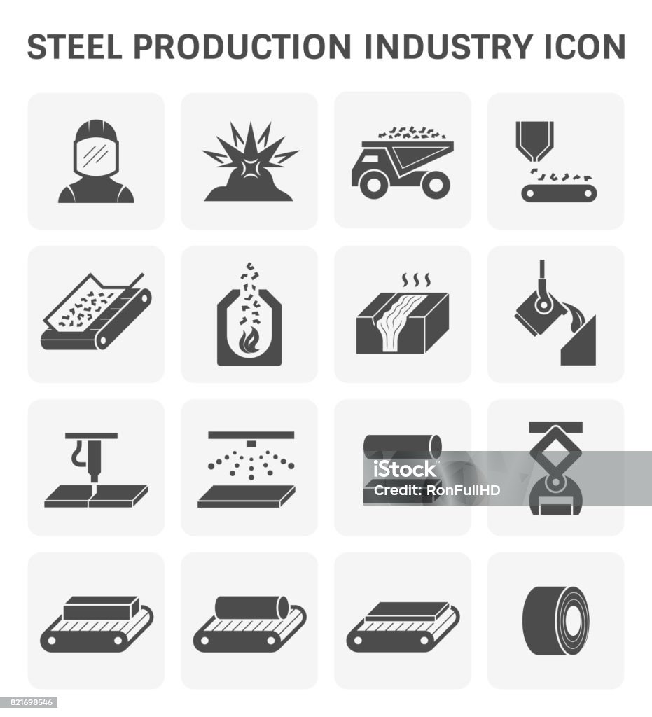 steel production icon Steel and metal production industry or metallurgy vector icon set design. Metal stock vector