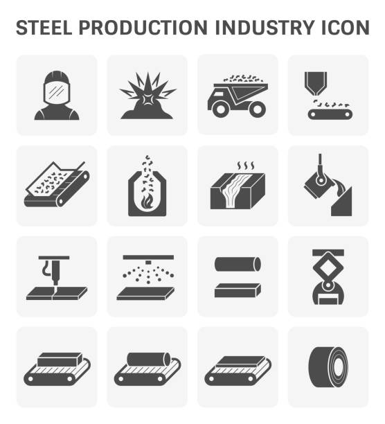 steel production icon Steel and metal production industry or metallurgy vector icon set design. steel mill stock illustrations
