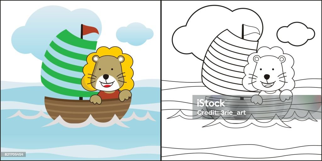 coloring page cute little lion spend his holiday as a sailor in the beach with sailboat for education cartoon character coloring page cute little lion spend his holiday as a sailor in the beach with sailboat for education Animal stock vector