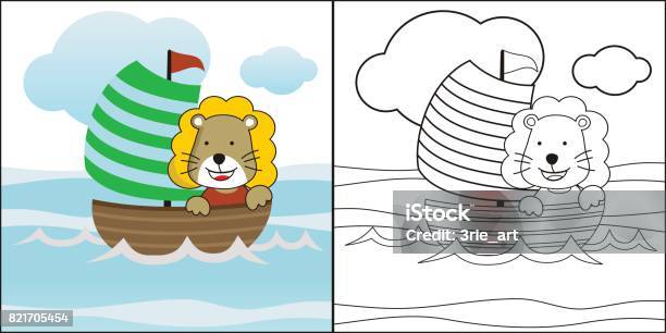 Coloring Page Cute Little Lion Spend His Holiday As A Sailor In The Beach With Sailboat For Education Stock Illustration - Download Image Now