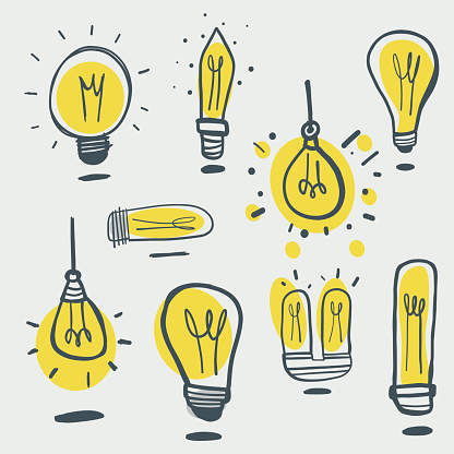 Vector illustration of a set of hand drawn light bulbs in a cartoon style