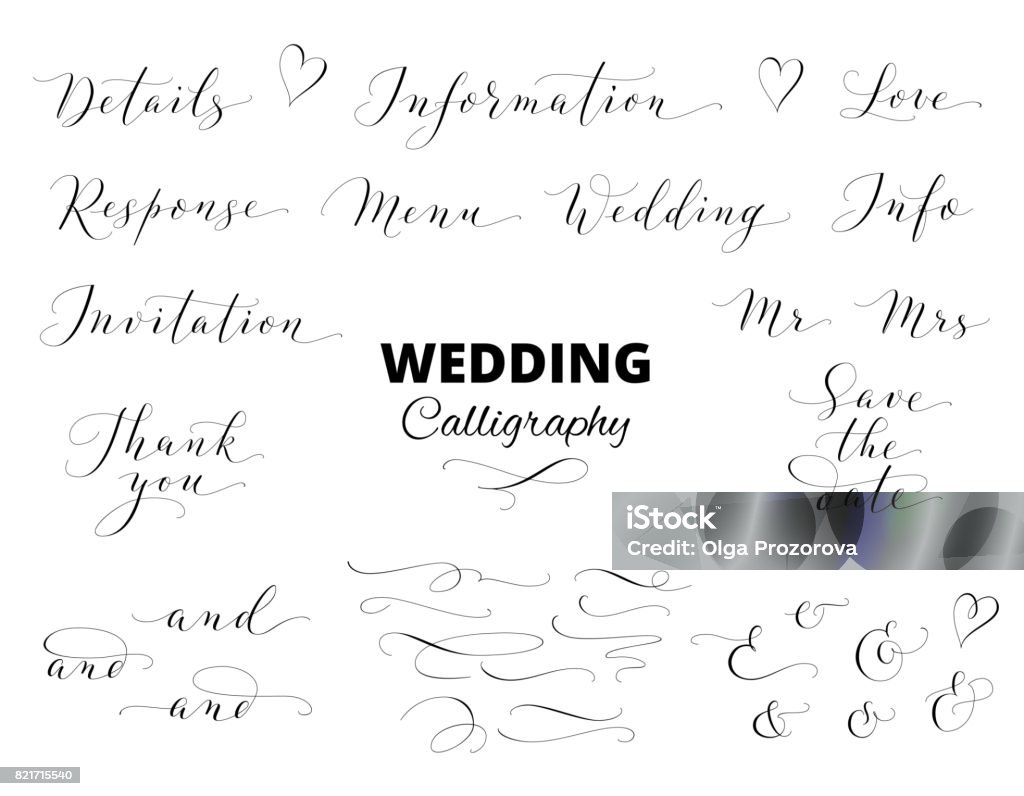 Wedding hand written calligraphy set isolated on white. Great for wedding invitations, cards, banners, photo overlays. Wedding calligraphy isolated on white. Save the date, love, thank you, menu words. Ampersands and catchwords. Great for wedding invitations, cards, photo overlays. Wedding stock vector