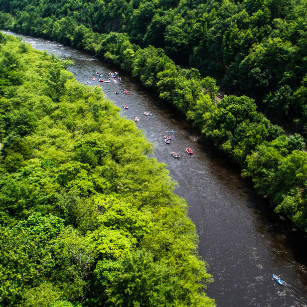 rafting at the lehigh river near by jim thorp (mauch chunk), carbon county, poconos region, pennsylvania - lehigh river imagens e fotografias de stock