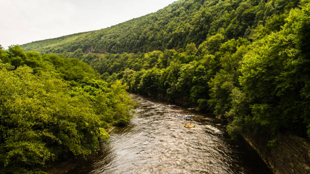 rafting at the lehigh river near by jim thorp (mauch chunk), carbon county, poconos region, pennsylvania - lehigh river imagens e fotografias de stock