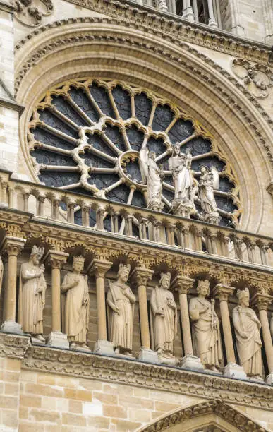 Statues of the Virgin Mary holding the Christ child flanked by angels stand before the rose window of Notre Dame Cathedral in Paris, France