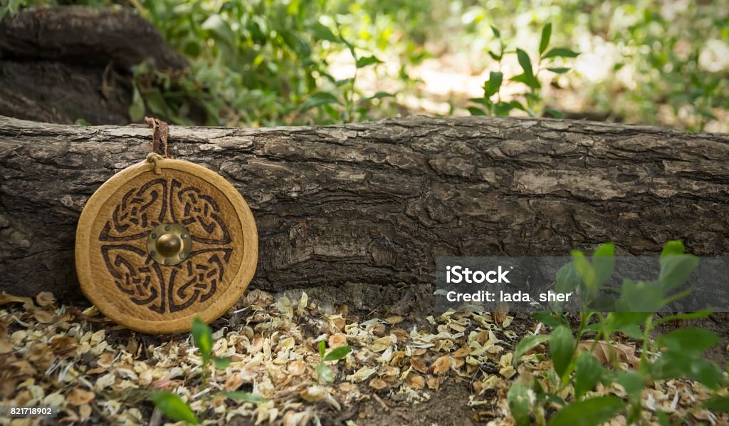 Escudo de souvenir miniatura en un árbol caído. - Foto de stock de Barco de vikingos libre de derechos