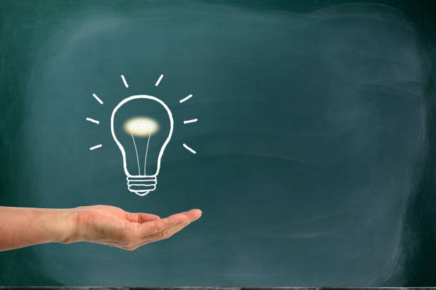 istock A hand in front of the blackboard and a drawn light bulb 821719400