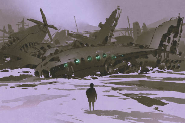 istock man looking at remains of destroyed planes in snow 821731640