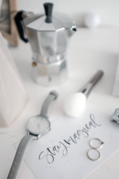 istock Moka pot and Women's watches  on the table 821738274